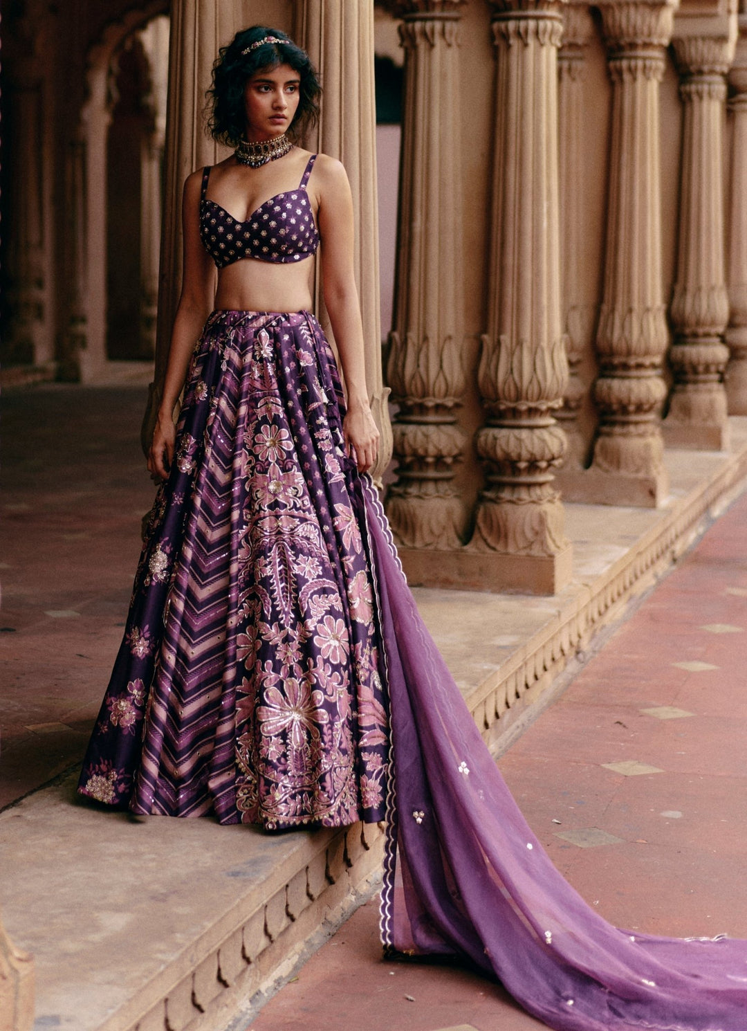 Purple Printed Silk Lehenga Set Paulmi and Harsh - Fabilicious Fashion