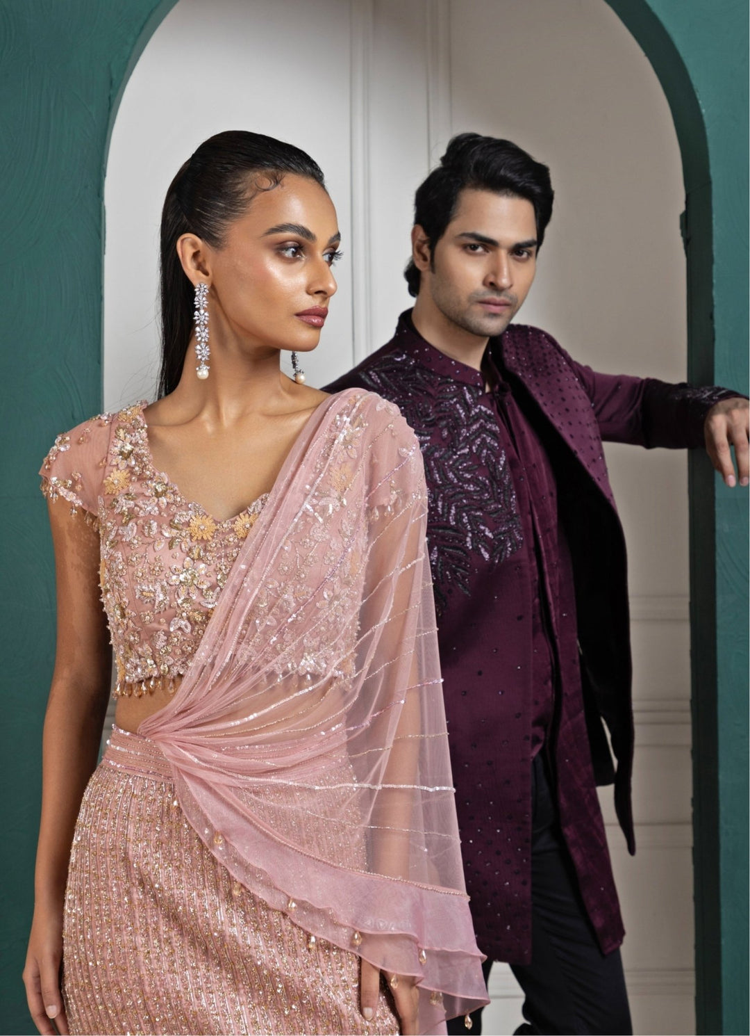 Purple Satin Asymmetric Embroidered Bandhgala Smriti - Fabilicious Fashion