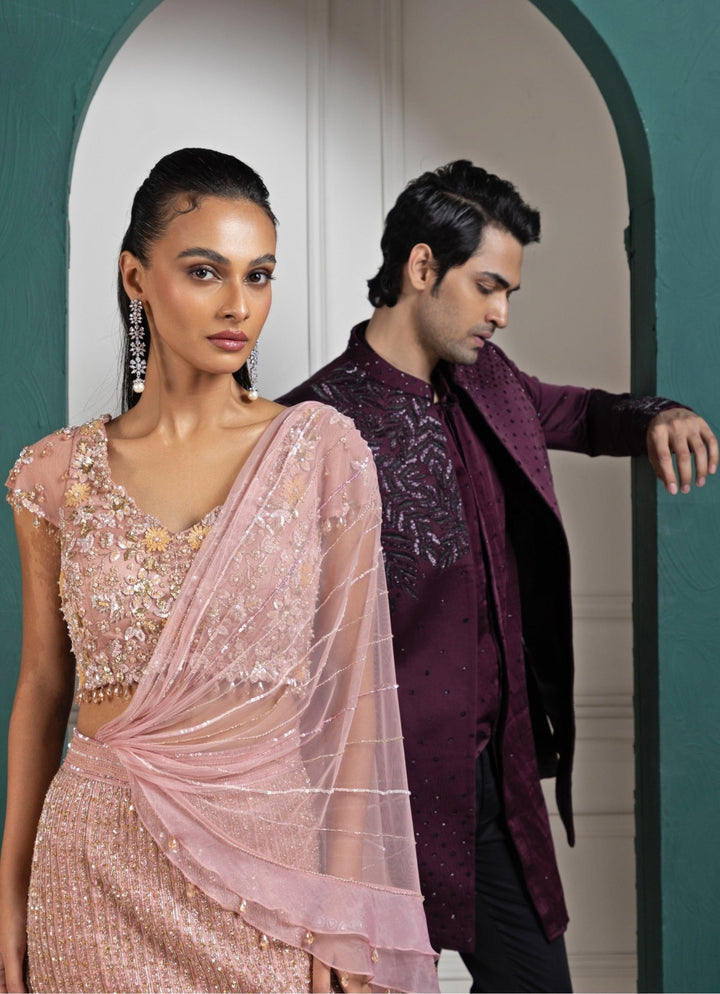 Purple Satin Asymmetric Embroidered Bandhgala Smriti - Fabilicious Fashion