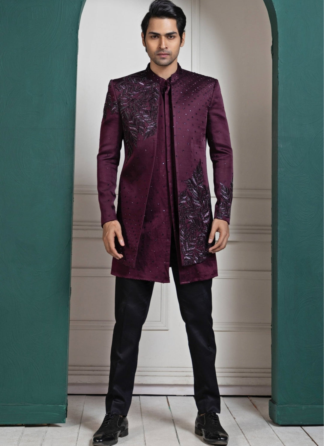 Purple Satin Asymmetric Embroidered Bandhgala Smriti - Fabilicious Fashion