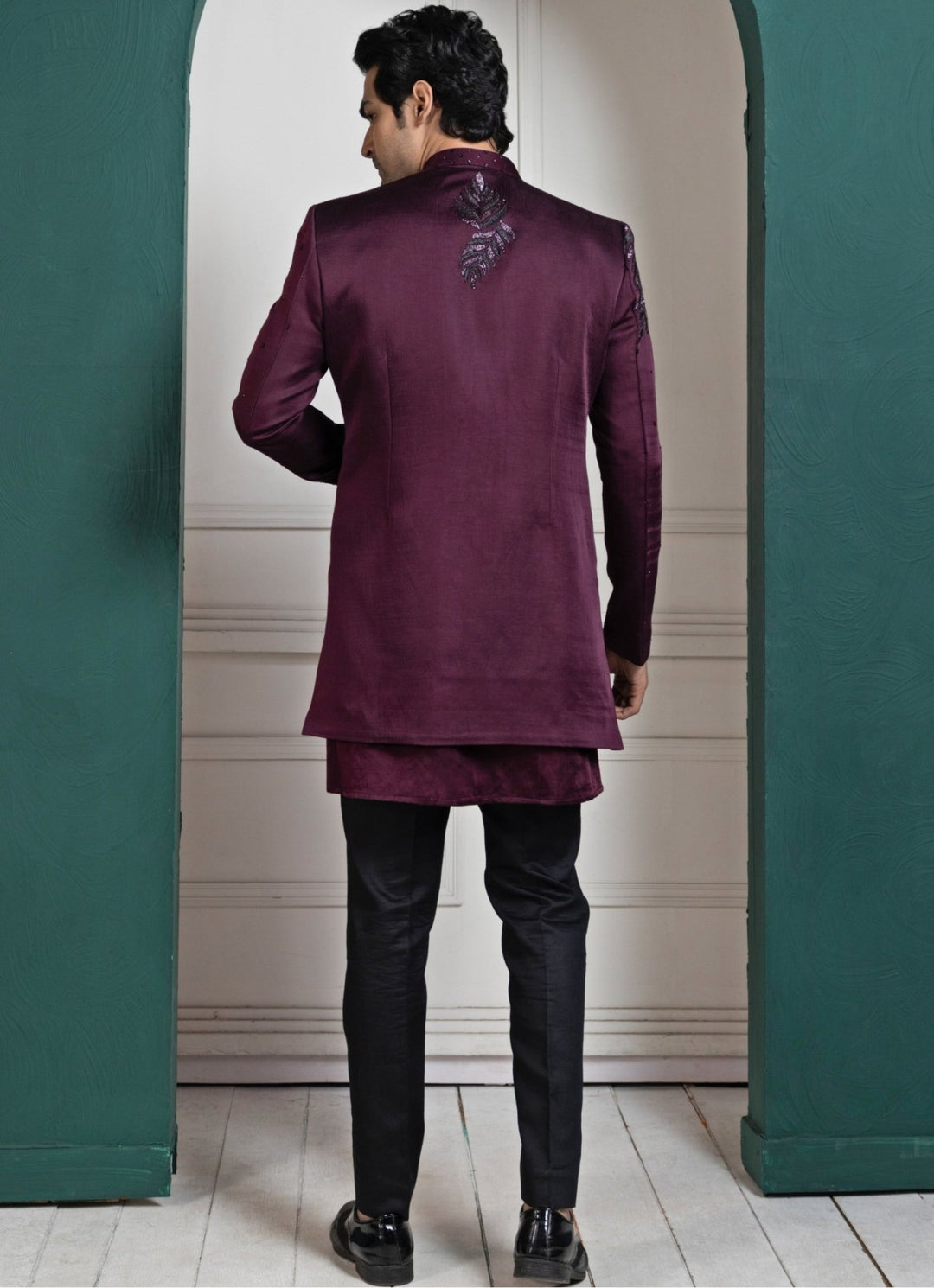 Purple Satin Asymmetric Embroidered Bandhgala Smriti - Fabilicious Fashion