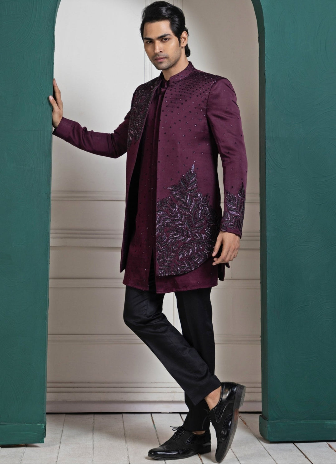Purple Satin Asymmetric Embroidered Bandhgala Smriti - Fabilicious Fashion