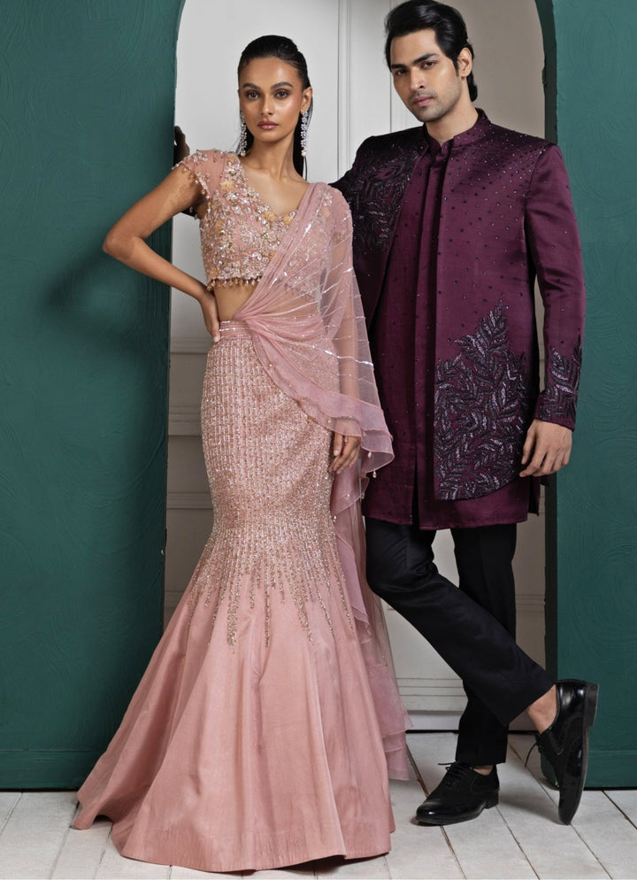 Purple Satin Asymmetric Embroidered Bandhgala Smriti - Fabilicious Fashion