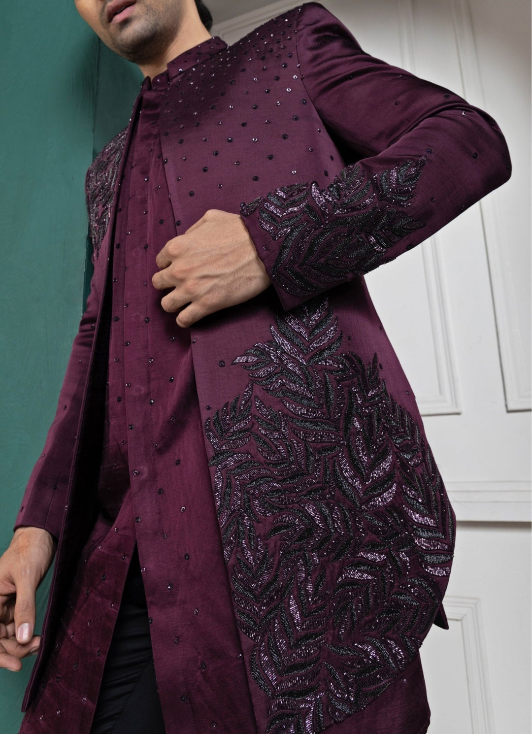 Purple Satin Asymmetric Embroidered Bandhgala Smriti - Fabilicious Fashion