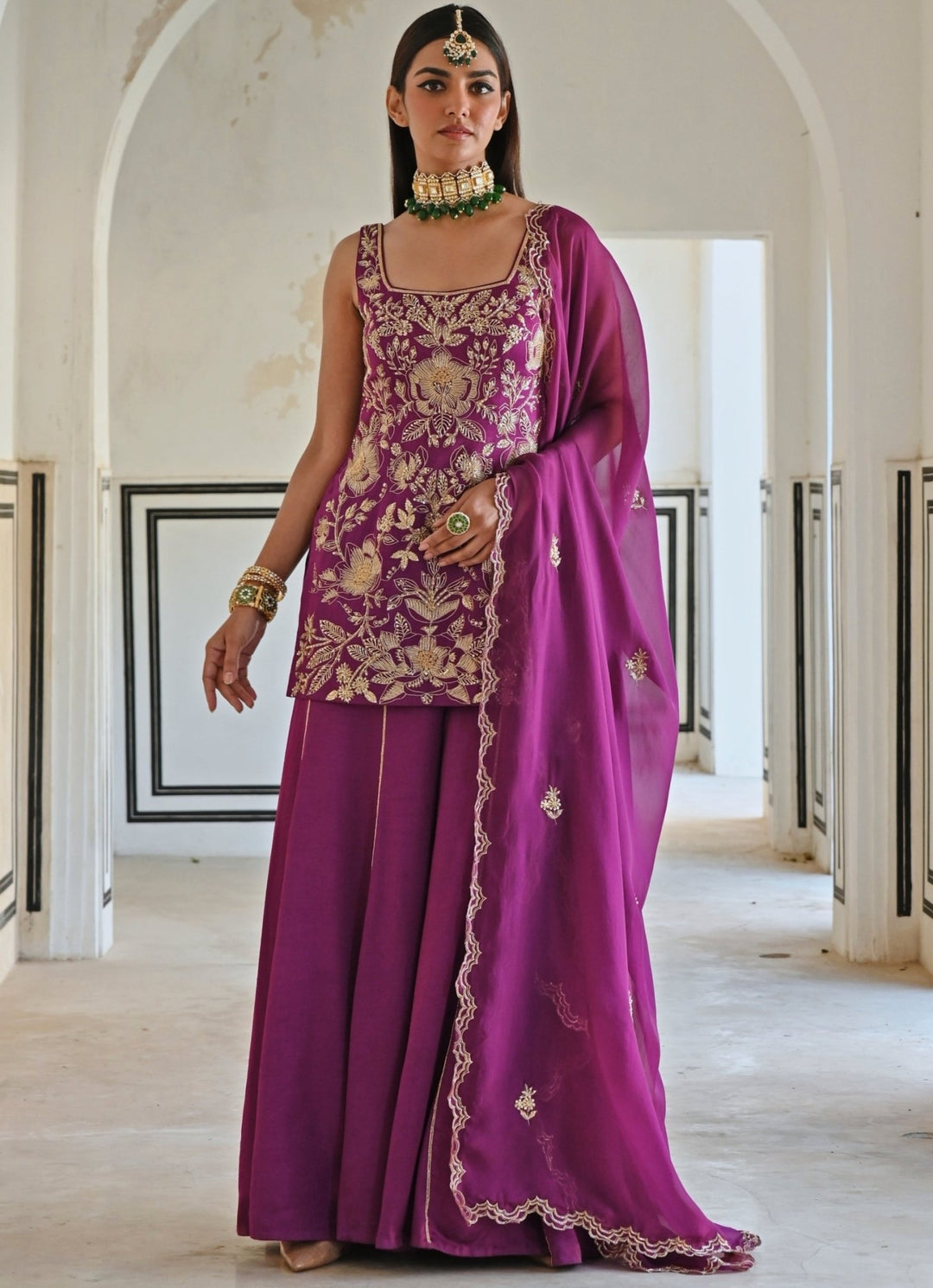 Purple Satin Floral Embroidered Kurta Palazzo Set Ease - Fabilicious Fashion