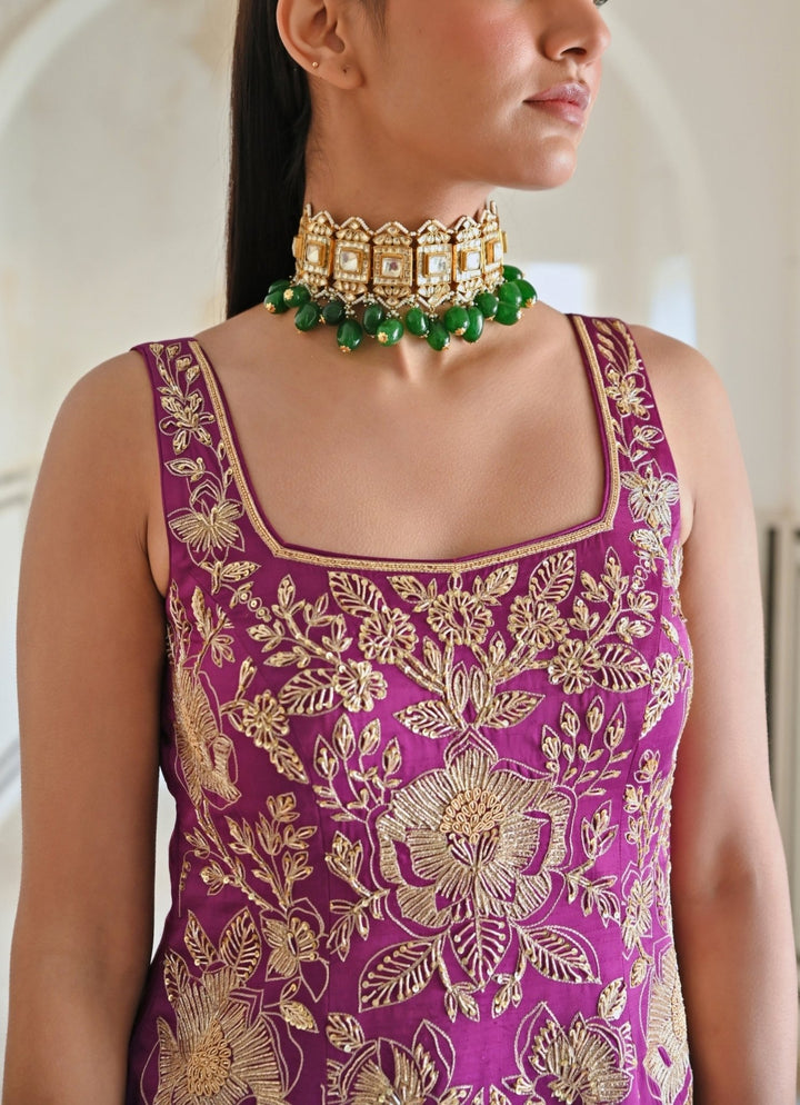 Purple Satin Floral Embroidered Kurta Palazzo Set Ease - Fabilicious Fashion