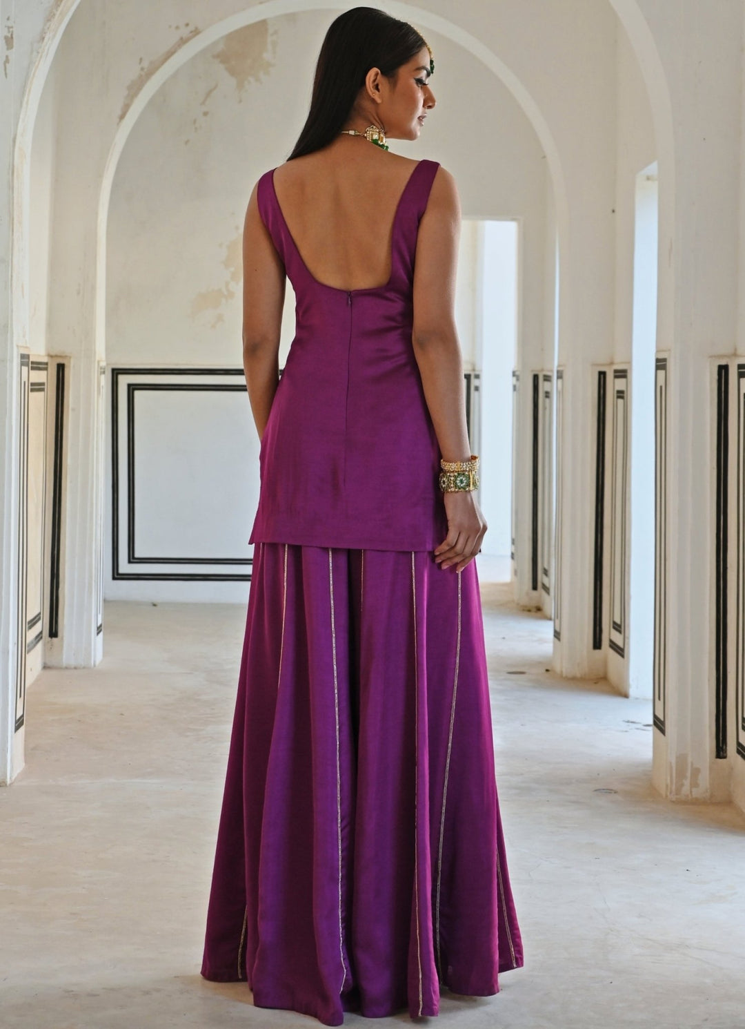 Purple Satin Floral Embroidered Kurta Palazzo Set Ease - Fabilicious Fashion