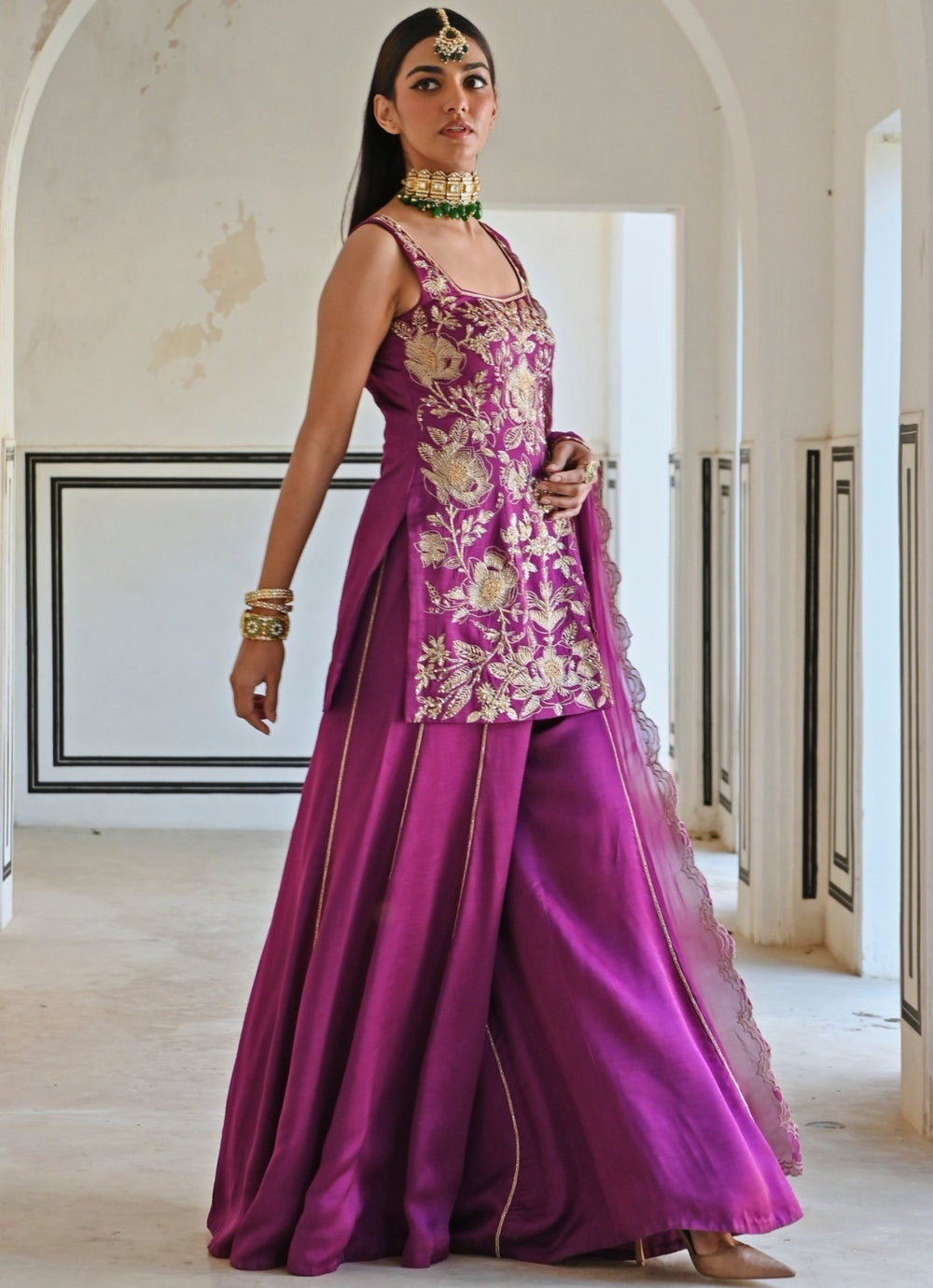 Purple Satin Floral Embroidered Kurta Palazzo Set Ease - Fabilicious Fashion