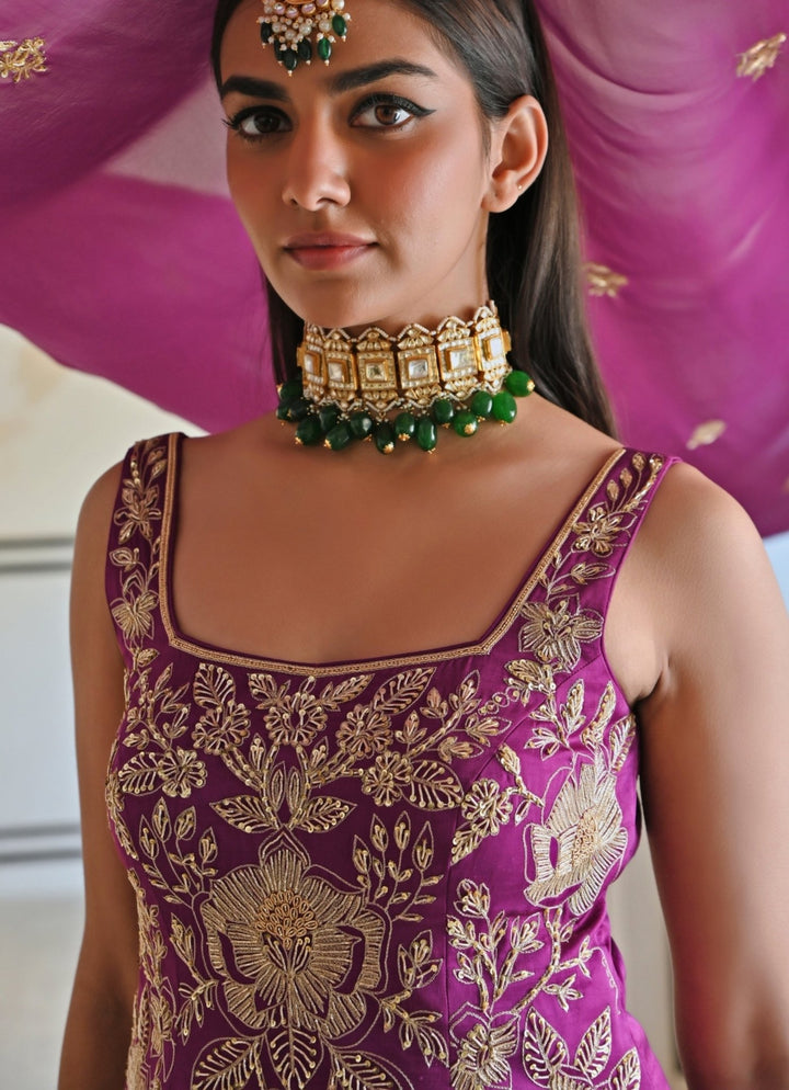 Purple Satin Floral Embroidered Kurta Palazzo Set Ease - Fabilicious Fashion
