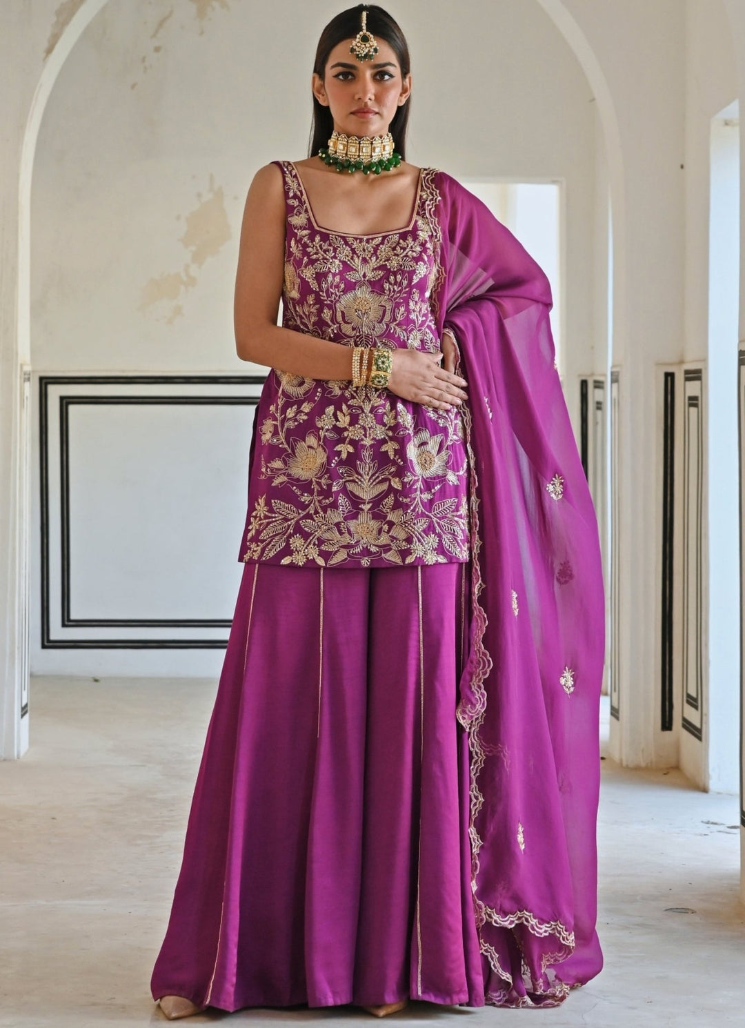 Purple Satin Floral Embroidered Kurta Palazzo Set Ease - Fabilicious Fashion