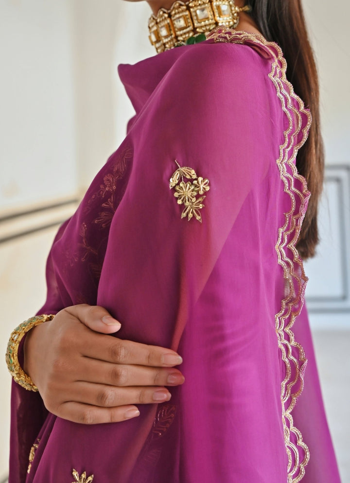 Purple Satin Floral Embroidered Kurta Palazzo Set Ease - Fabilicious Fashion