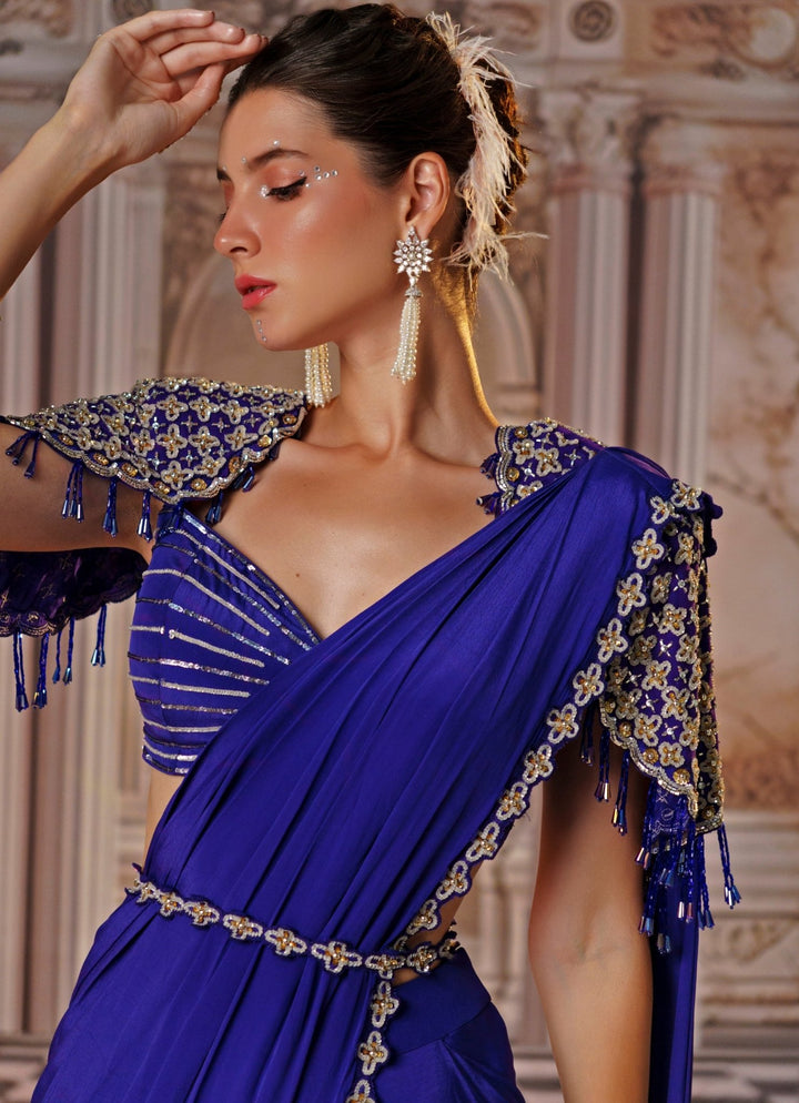 Purple Sequin Embroidered Crepe Saree Nidhika Shekhar - Fabilicious Fashion