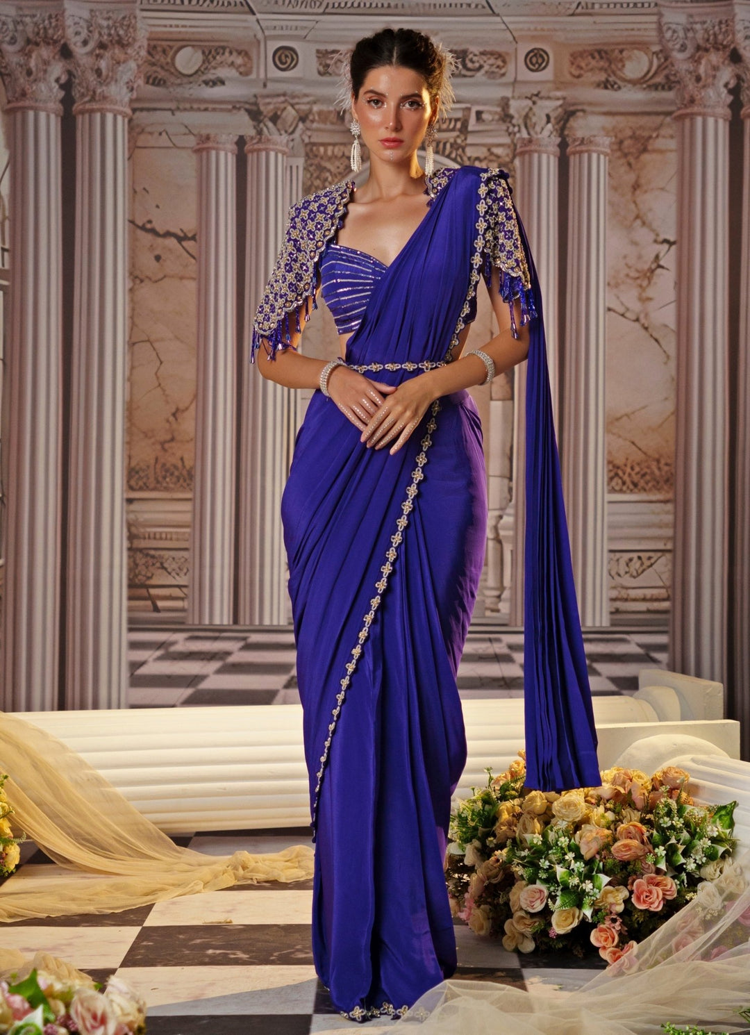 Purple Sequin Embroidered Crepe Saree Nidhika Shekhar - Fabilicious Fashion