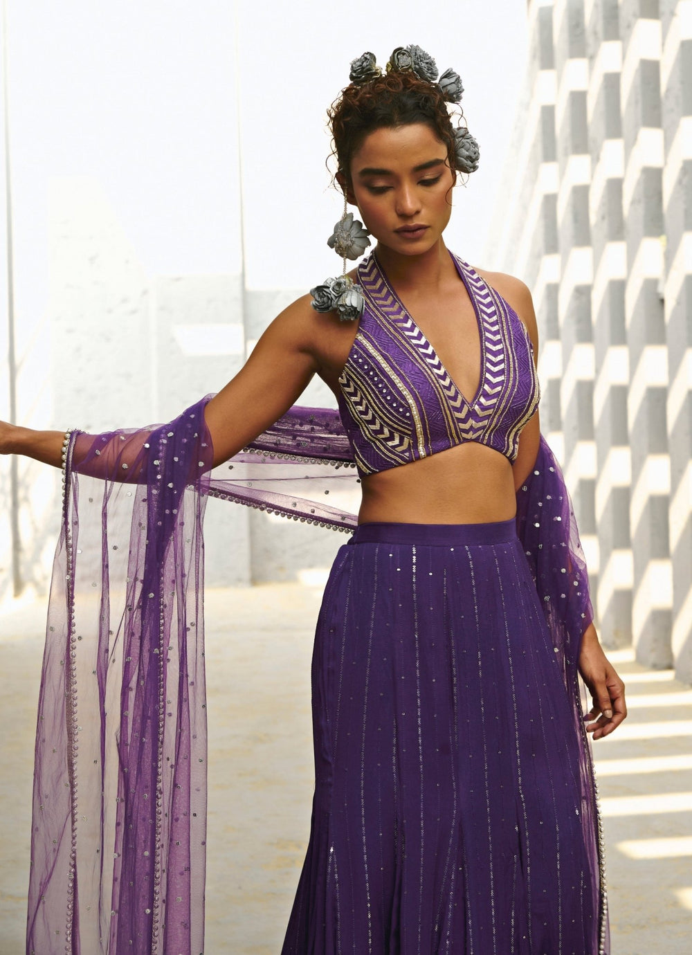 Purple Sequin Embroidered Georgette Skirt Set Chamee and Palak - Fabilicious Fashion