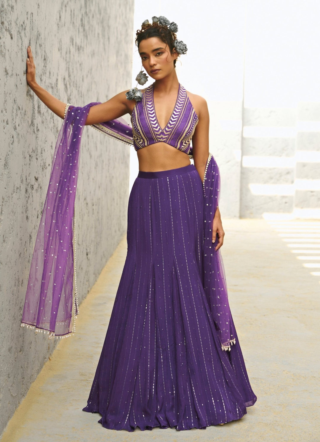 Purple Sequin Embroidered Georgette Skirt Set Chamee and Palak - Fabilicious Fashion