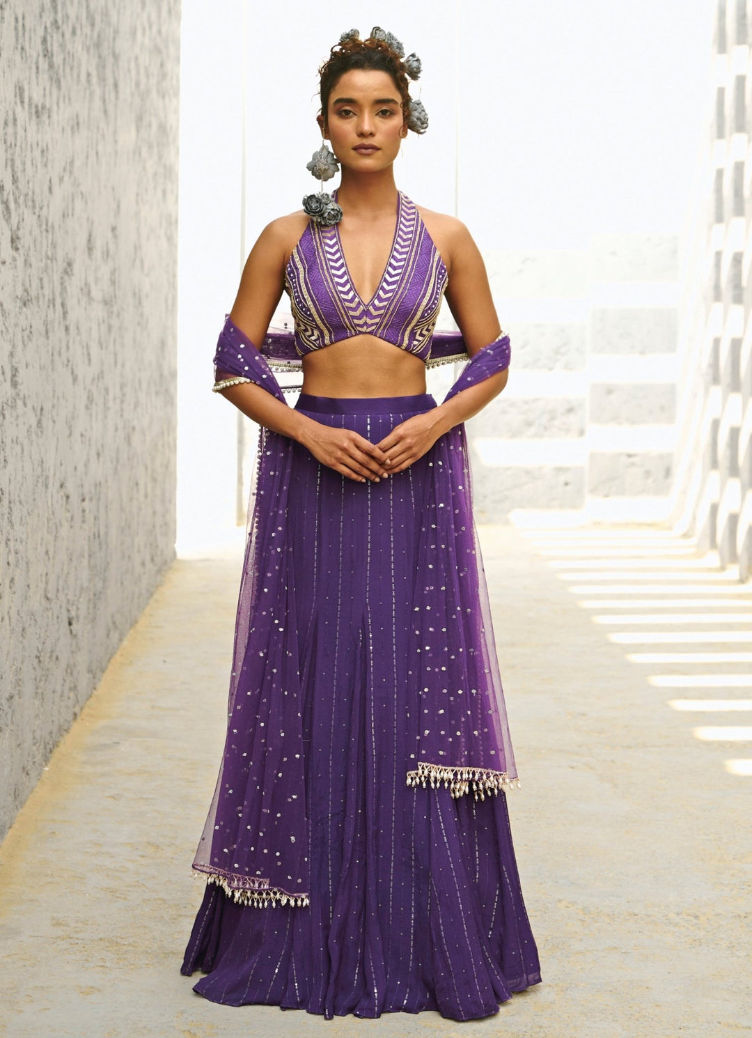Purple Sequin Embroidered Georgette Skirt Set Chamee and Palak - Fabilicious Fashion