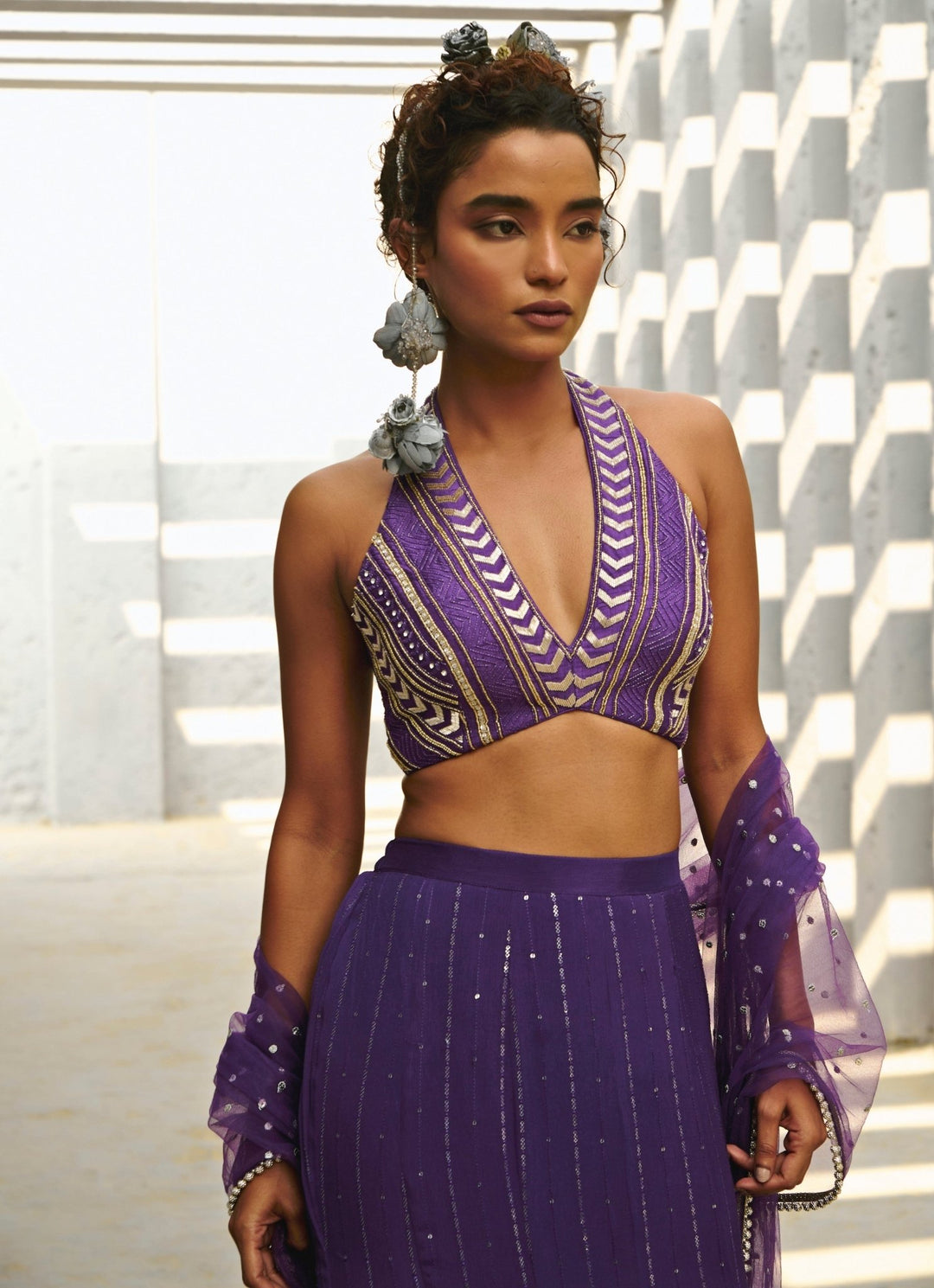 Purple Sequin Embroidered Georgette Skirt Set Chamee and Palak - Fabilicious Fashion