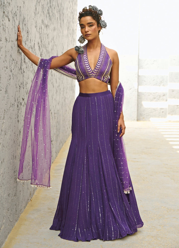 Purple Sequin Embroidered Georgette Skirt Set Chamee and Palak - Fabilicious Fashion