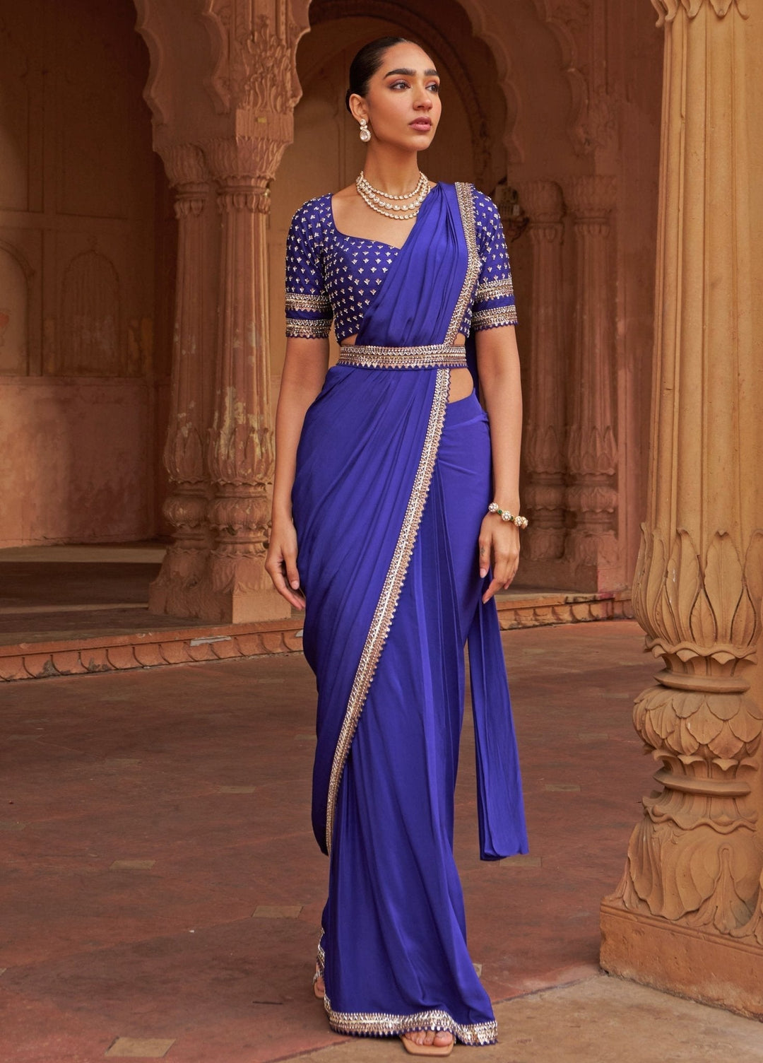 Purple Sequin Embroidered Pre - Draped Crepe Saree Nidhika Shekhar - Fabilicious Fashion