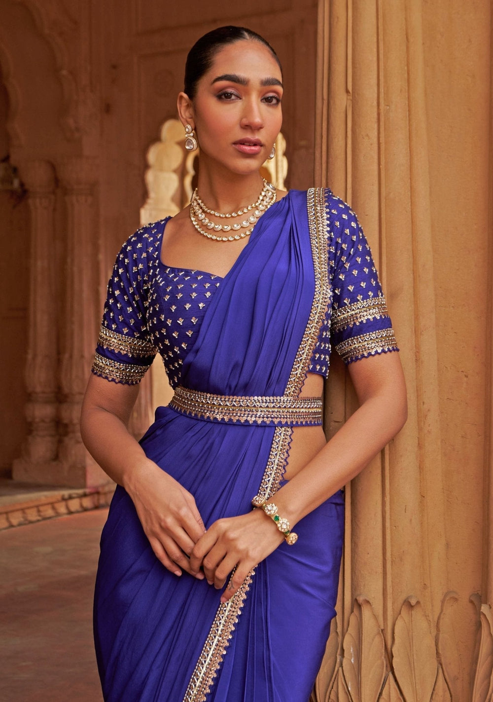 Purple Sequin Embroidered Pre - Draped Crepe Saree Nidhika Shekhar - Fabilicious Fashion