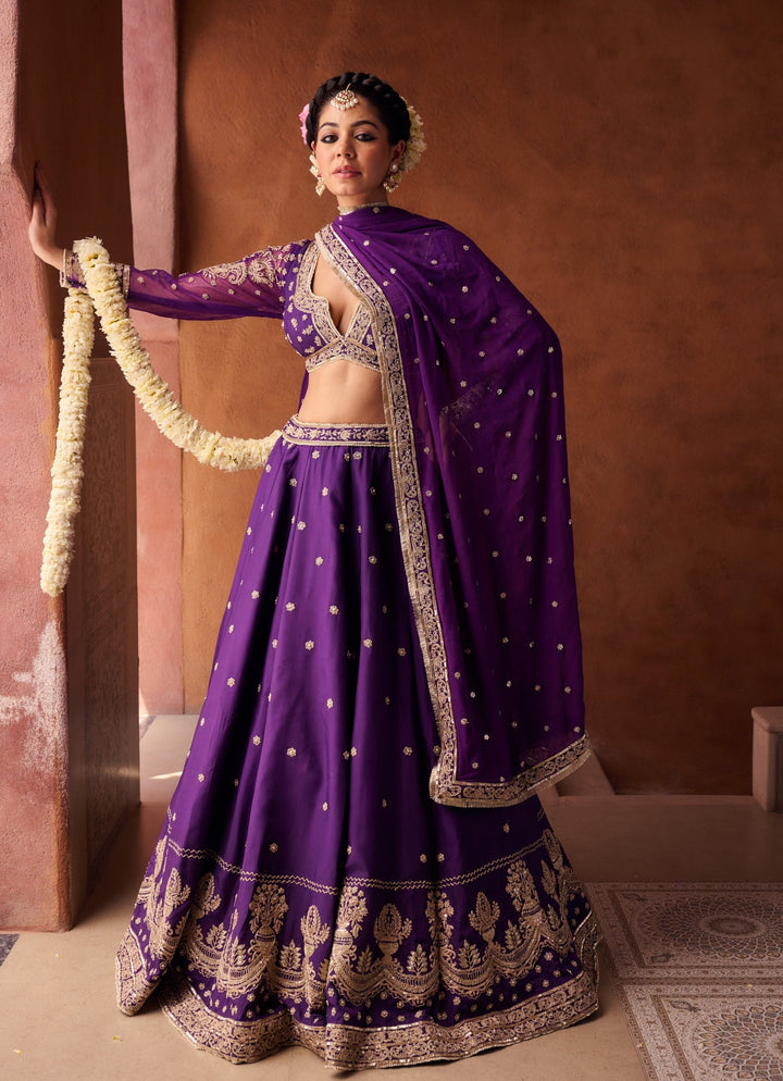 Purple Sequinned Silk Lehenga Set KAPDA DORI - Fabilicious Fashion