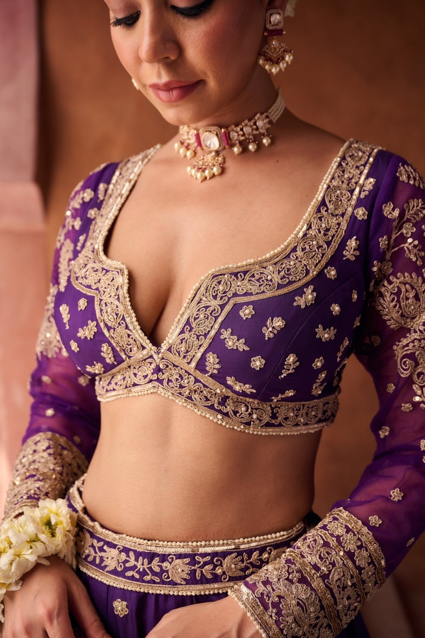 Purple sequinned silk lehenga — best lehenga fabric for structured elegance