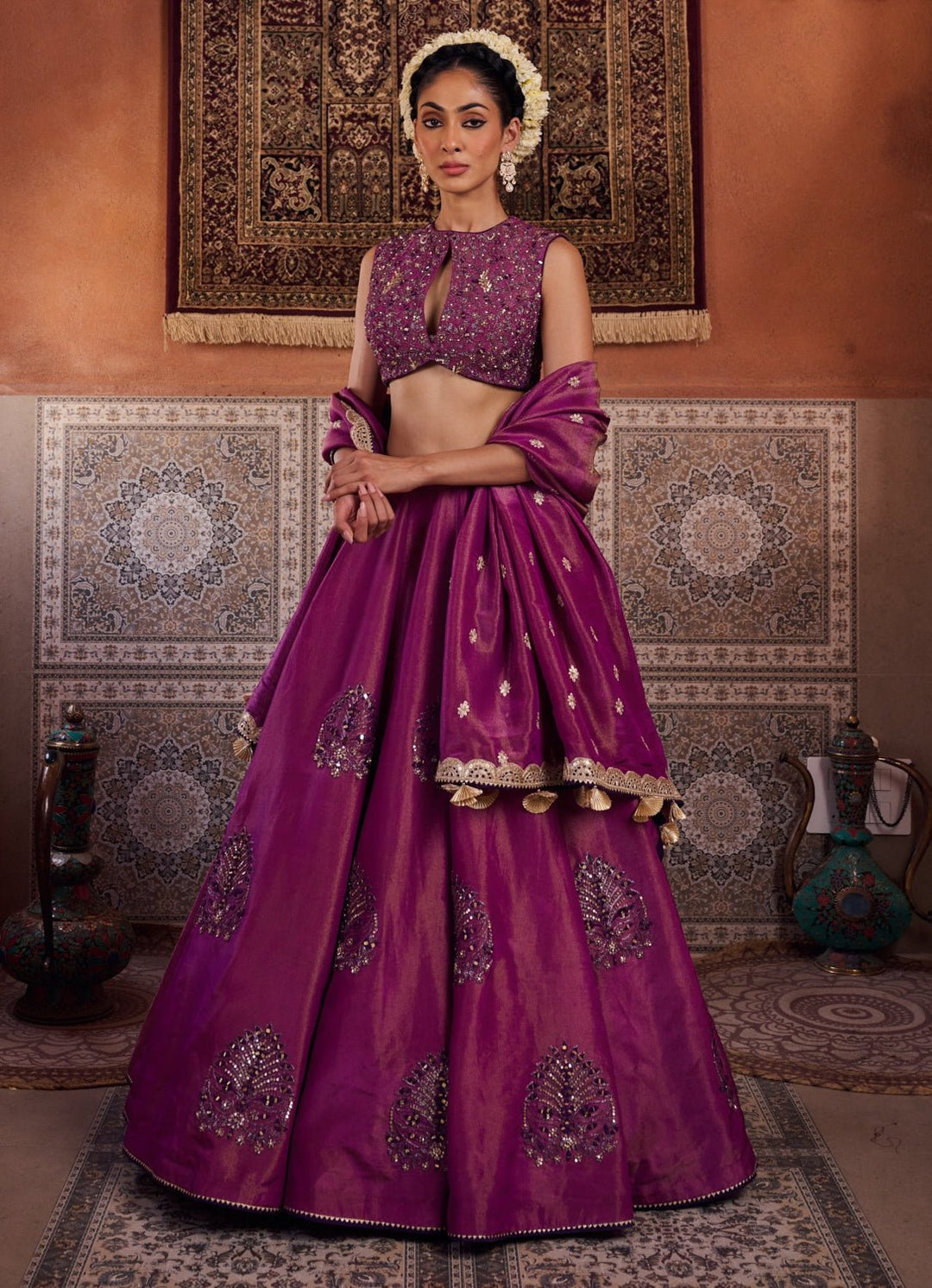 Purple Sequinned Tissue Lehenga Set KAPDA DORI - Fabilicious Fashion