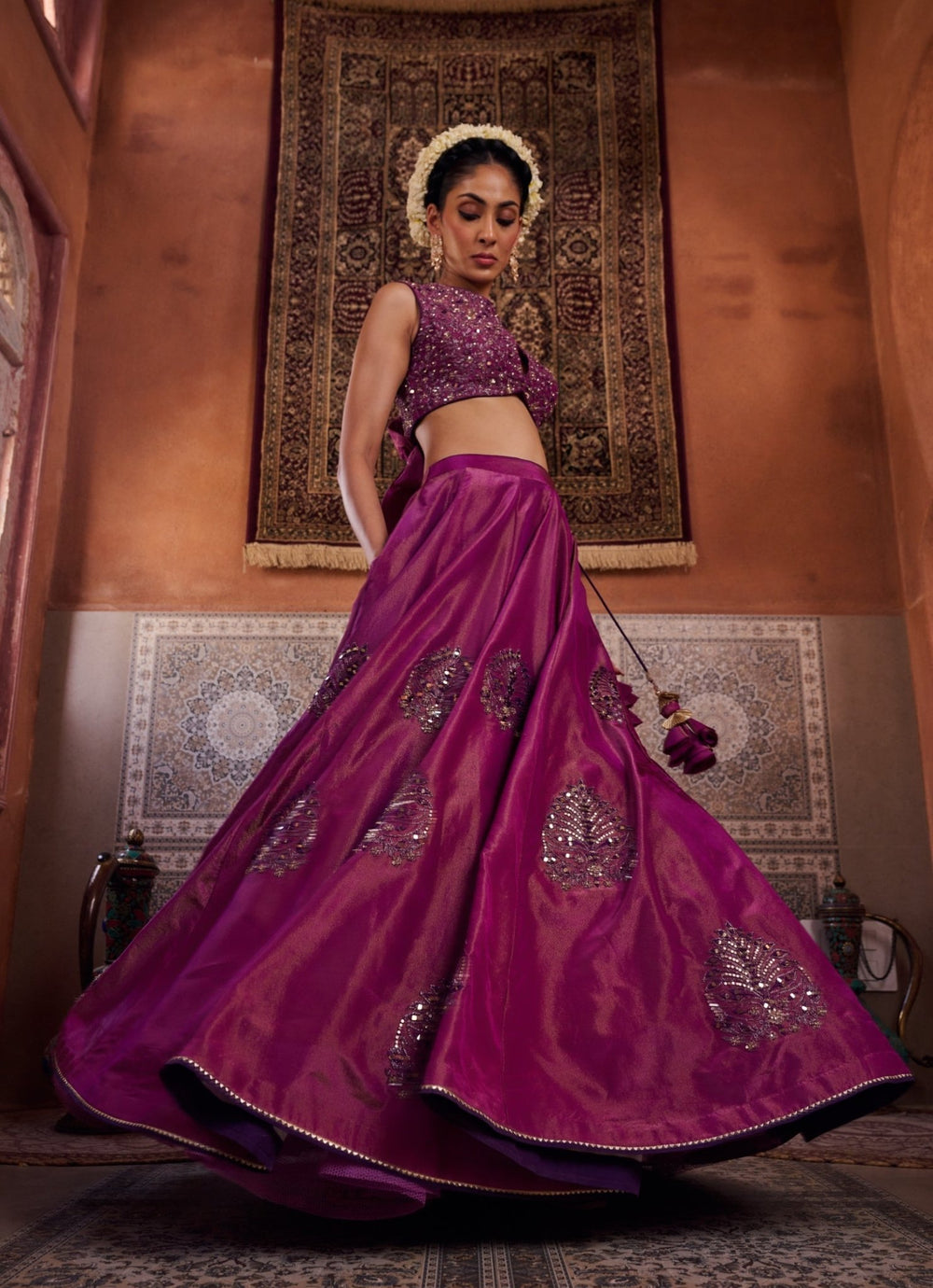 Purple Sequinned Tissue Lehenga Set KAPDA DORI - Fabilicious Fashion