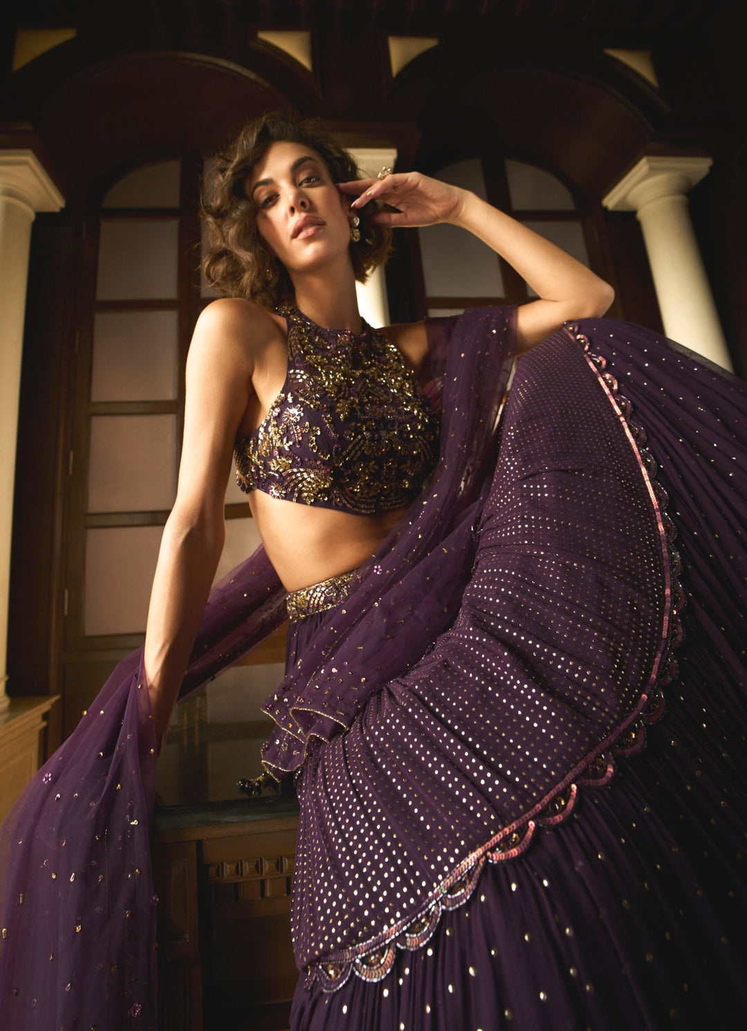 Purple Sequins Embroidered Georgette Lehenga Set Sanya Gulati - Fabilicious Fashion