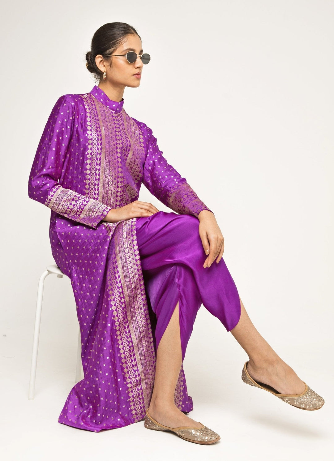 Purple Silk Butti Long Kurta And Dhoti Pant Set Sobariko - Fabilicious Fashion