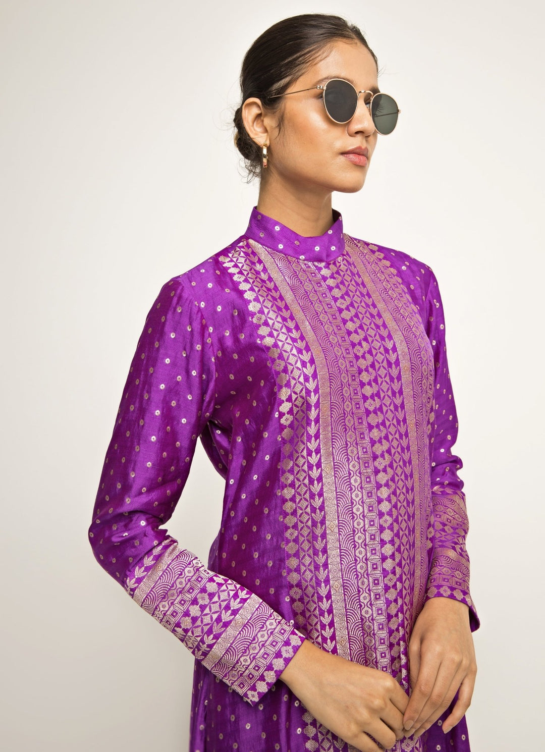 Purple Silk Butti Long Kurta And Dhoti Pant Set Sobariko - Fabilicious Fashion