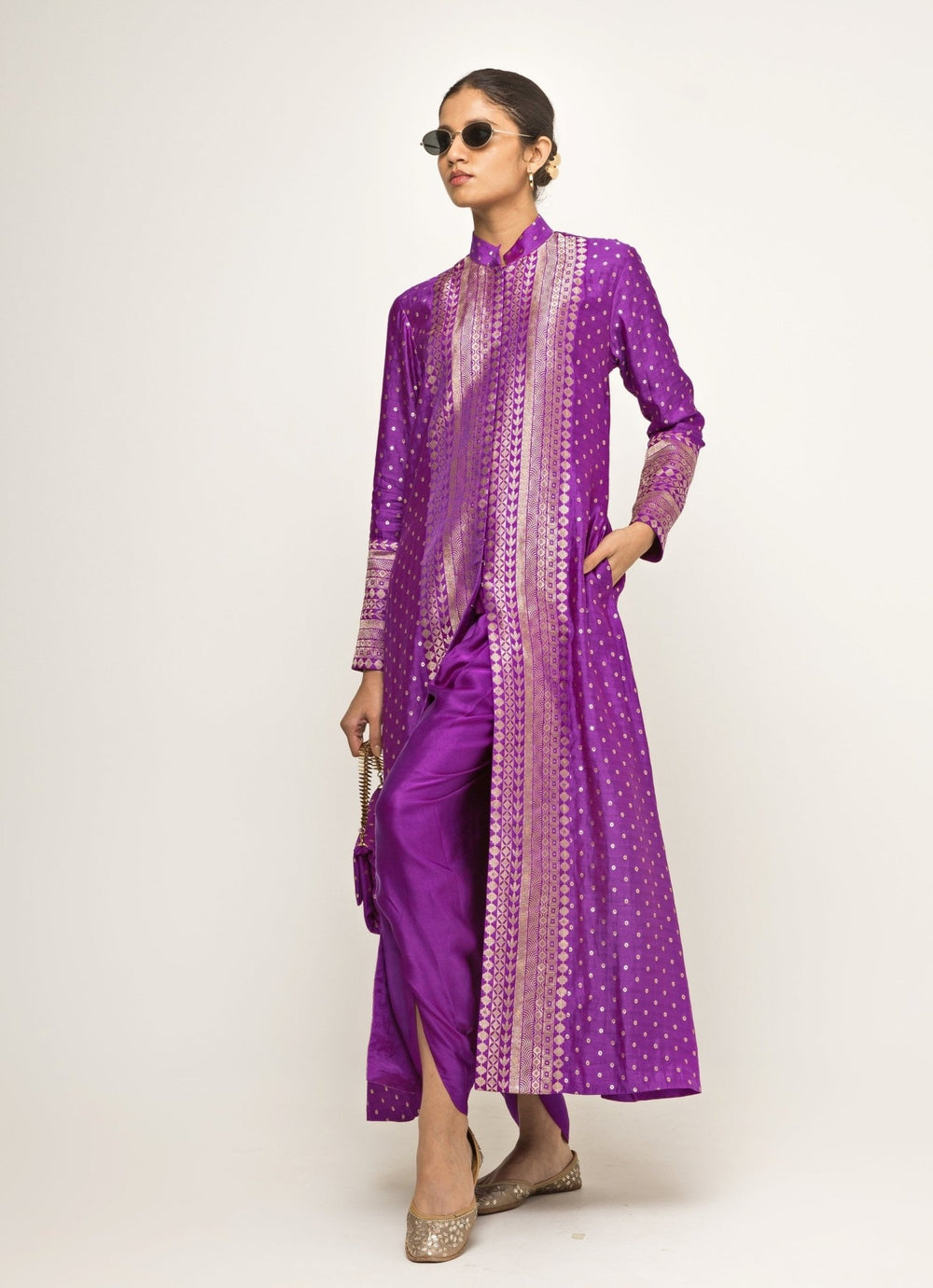 Purple Silk Butti Long Kurta And Dhoti Pant Set Sobariko - Fabilicious Fashion