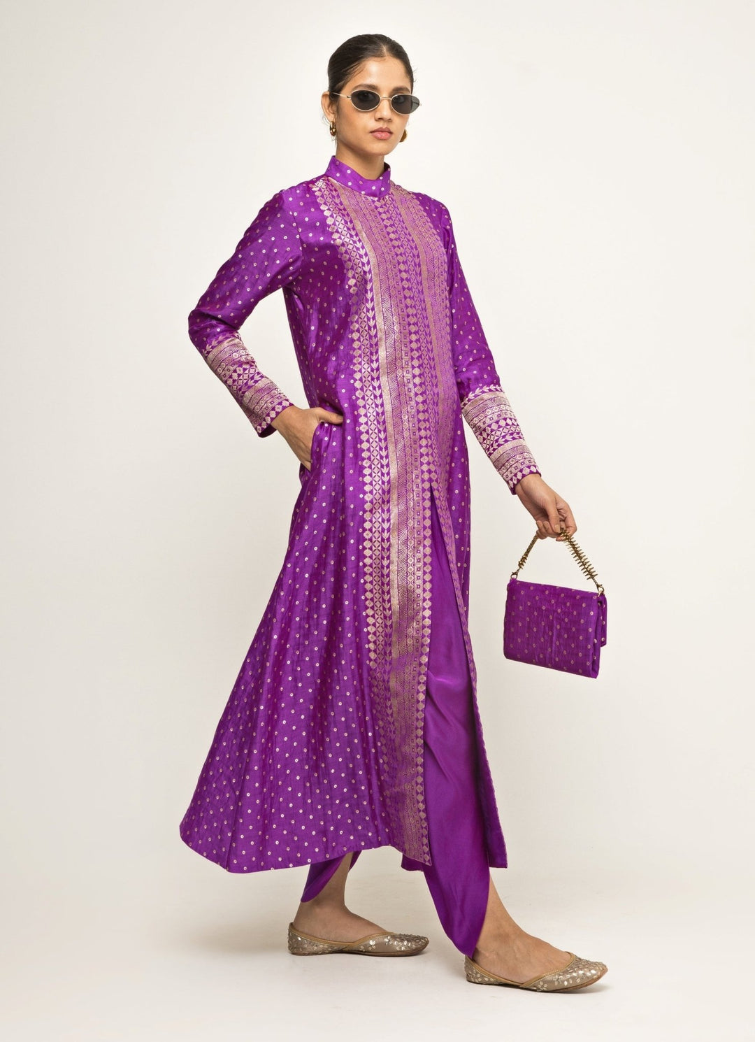 Purple Silk Butti Long Kurta And Dhoti Pant Set Sobariko - Fabilicious Fashion