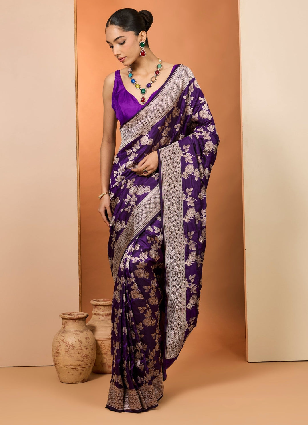 Purple Silk Embroidered Saree Set Neha Khullar - Fabilicious Fashion