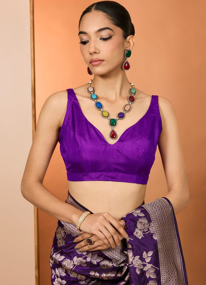 Purple Silk Embroidered Saree Set Neha Khullar - Fabilicious Fashion