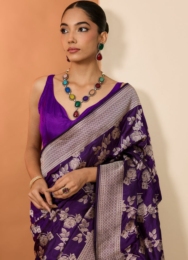 Purple Silk Embroidered Saree Set Neha Khullar - Fabilicious Fashion