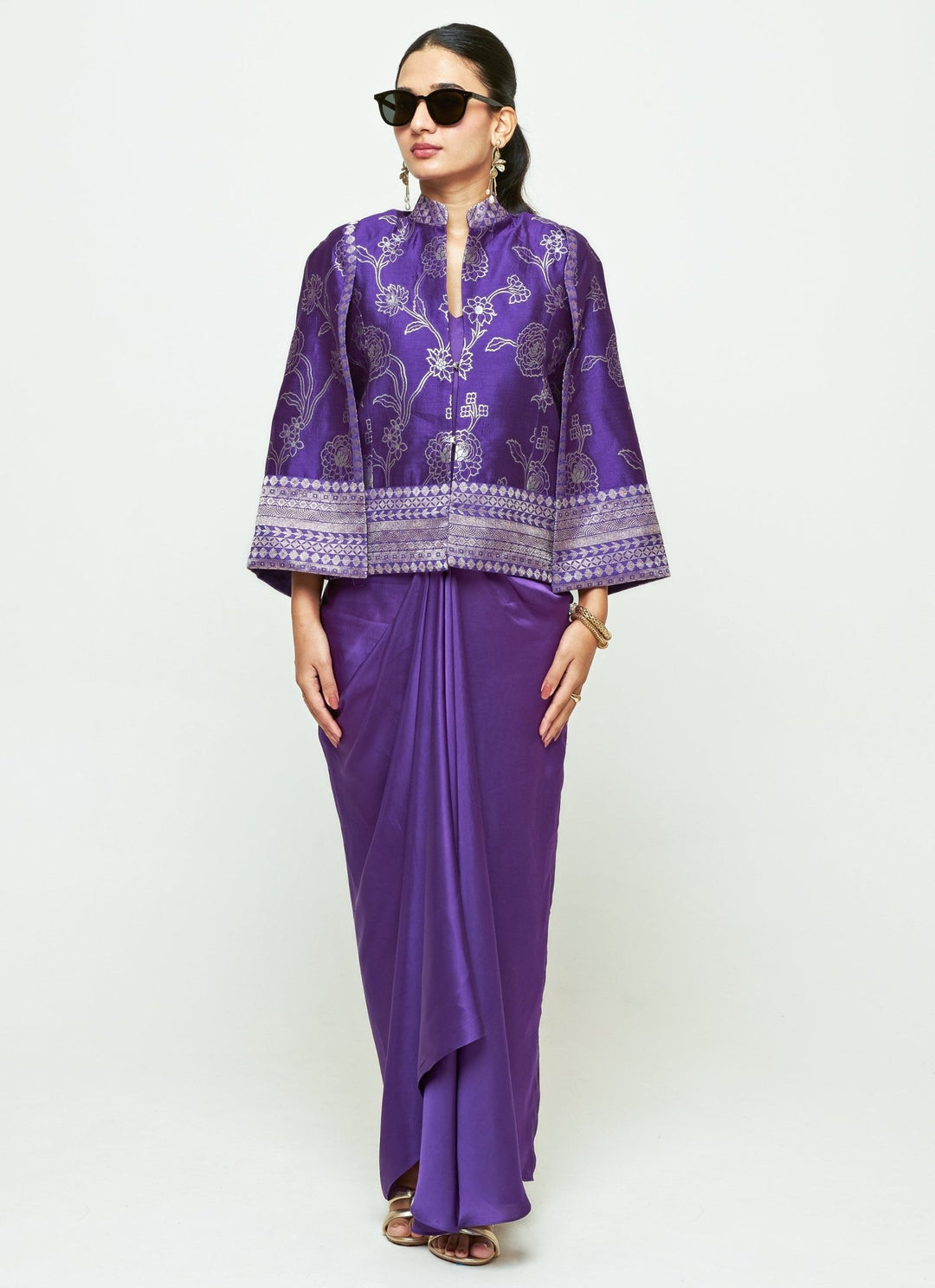 Sobariko Purple Silk Jacket With Draped Skirt SetFabilicious Fashion