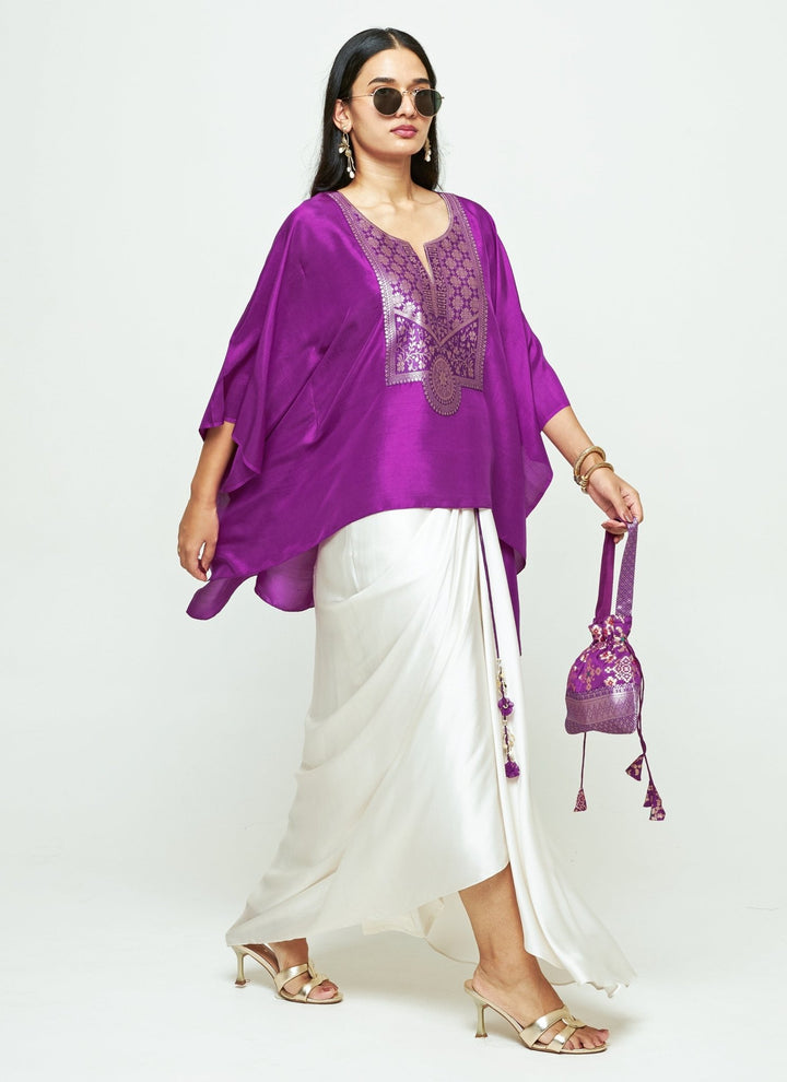 Sobariko Purple Silk Kaftan With White Draped Skirt SetFabilicious Fashion