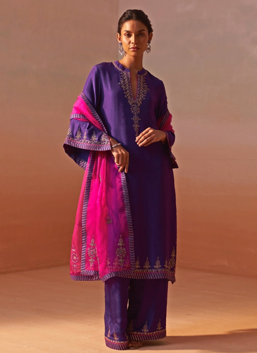 Nitika Gujral Purple Silk Kurta Palazzo Set With Pink DupattaFabilicious Fashion