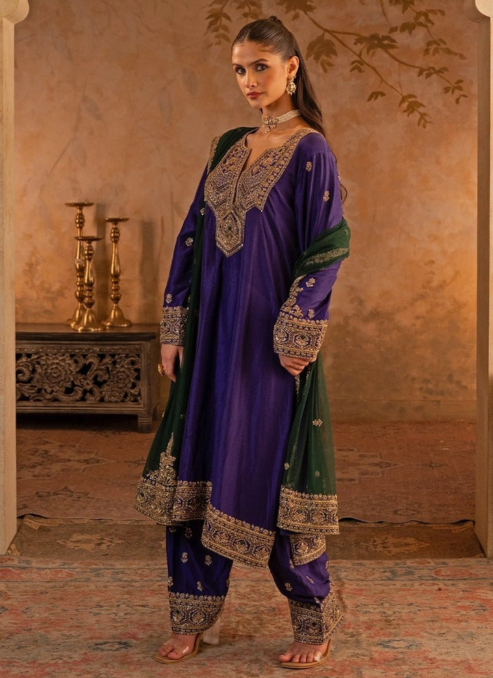 Angad Singh Purple Silk Kurta Pants With Green DupattaFabilicious Fashion