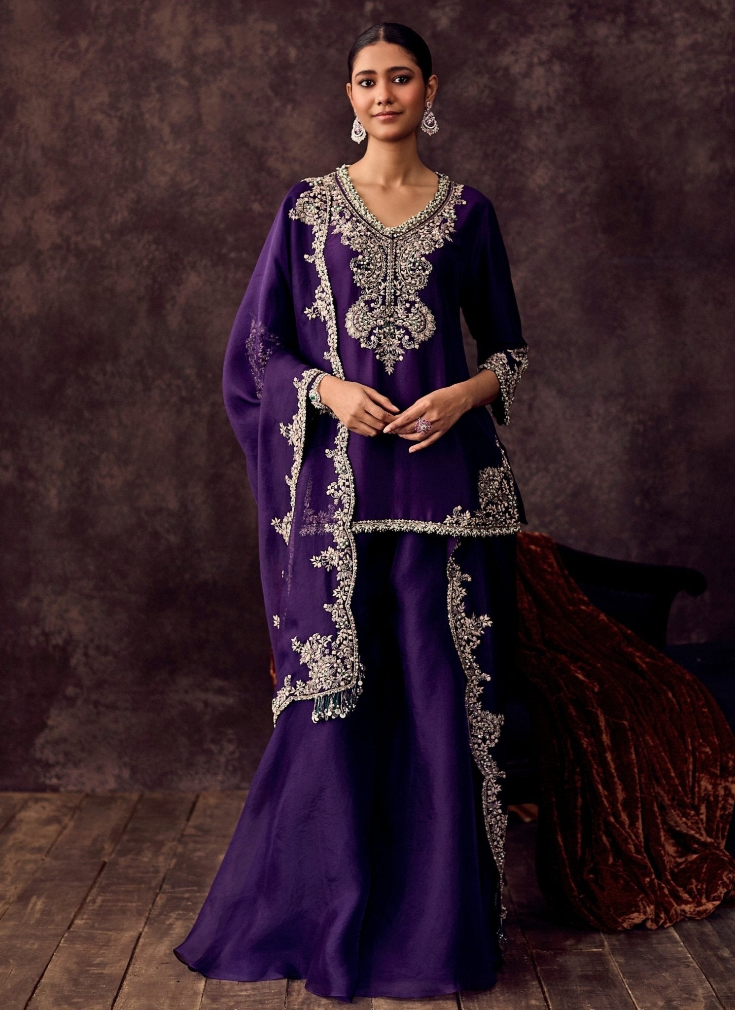 Purple silk kurta sharara set for the sister of the bride or groom at Sangeet