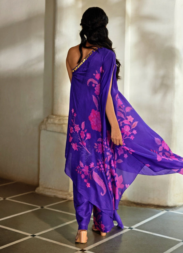 Purple Silk One - Shoulder Dress With Pants Paulmi and Harsh - Fabilicious Fashion