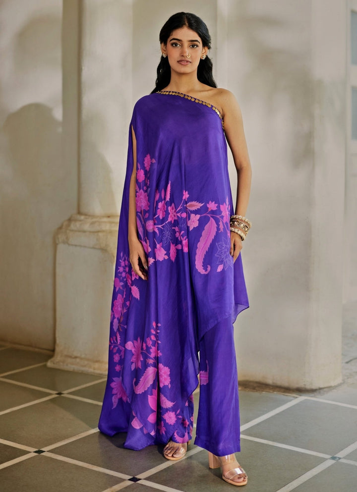 Purple Silk One - Shoulder Dress With Pants Paulmi and Harsh - Fabilicious Fashion