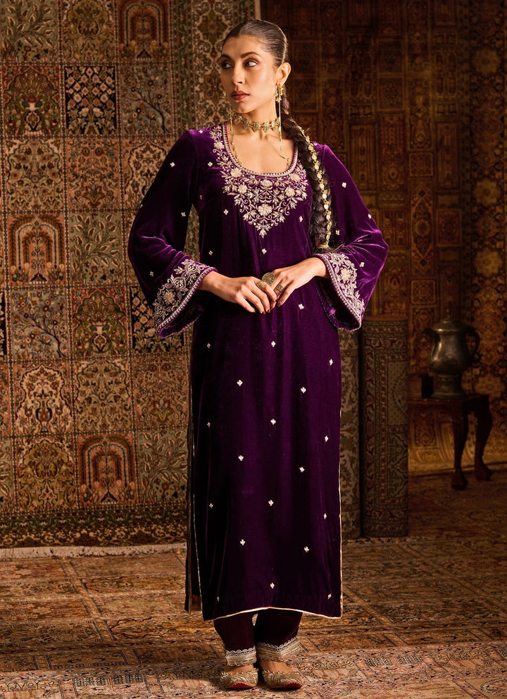 Zoon Tribe Purple Silk Velvet Kurta Pants Set With Contrast DupattaFabilicious Fashion
