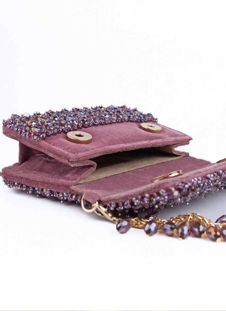 Purple Suede Crystal Embellished Mini Bag House of Kosha - Fabilicious Fashion