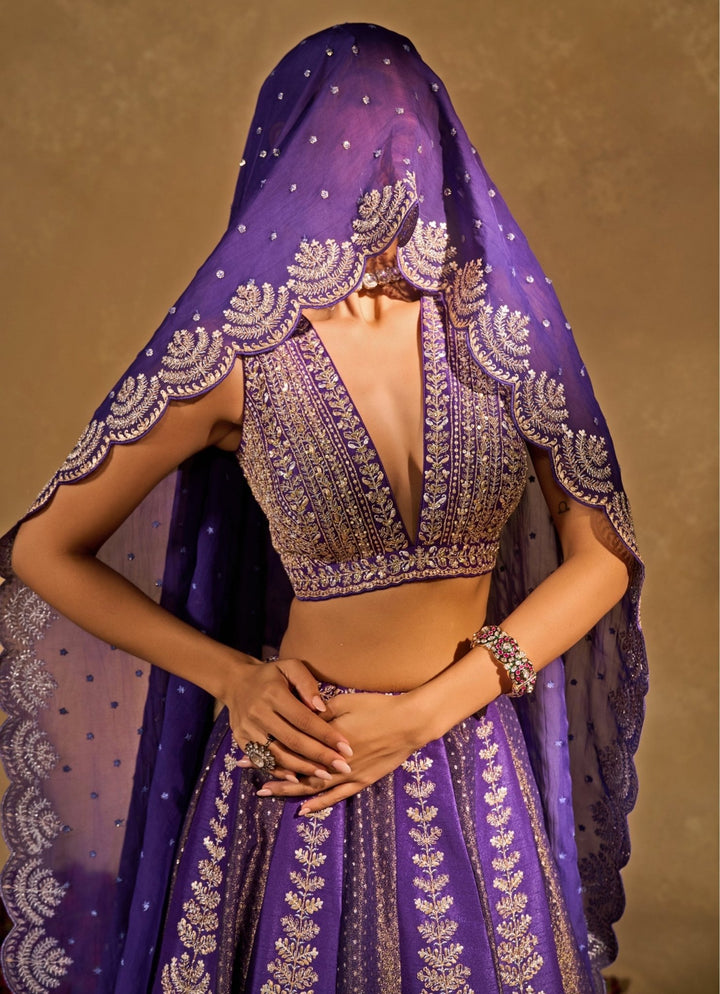 Purple Tissue Jamewar Lehenga Chamee &amp; Palak - Fabilicious Fashion