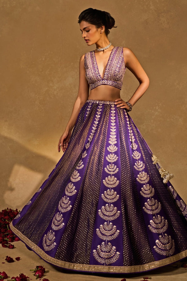 Purple tissue jamewar lehenga by Chamee and Palak, a bridesmaid reception lehenga