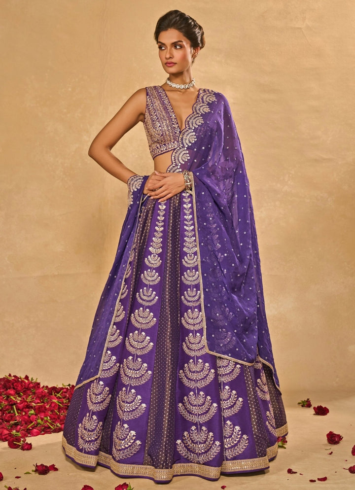 Purple Tissue Jamewar Lehenga Chamee &amp; Palak - Fabilicious Fashion