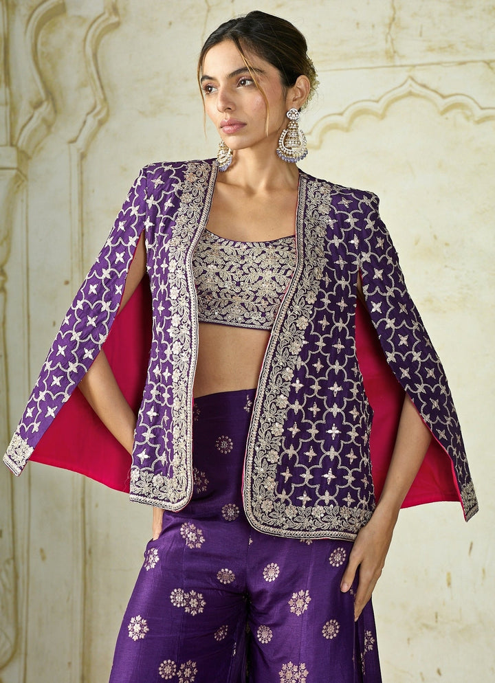 Gopi Vaid Purple Tussar Blouse Sharara Set With JacketFabilicious Fashion