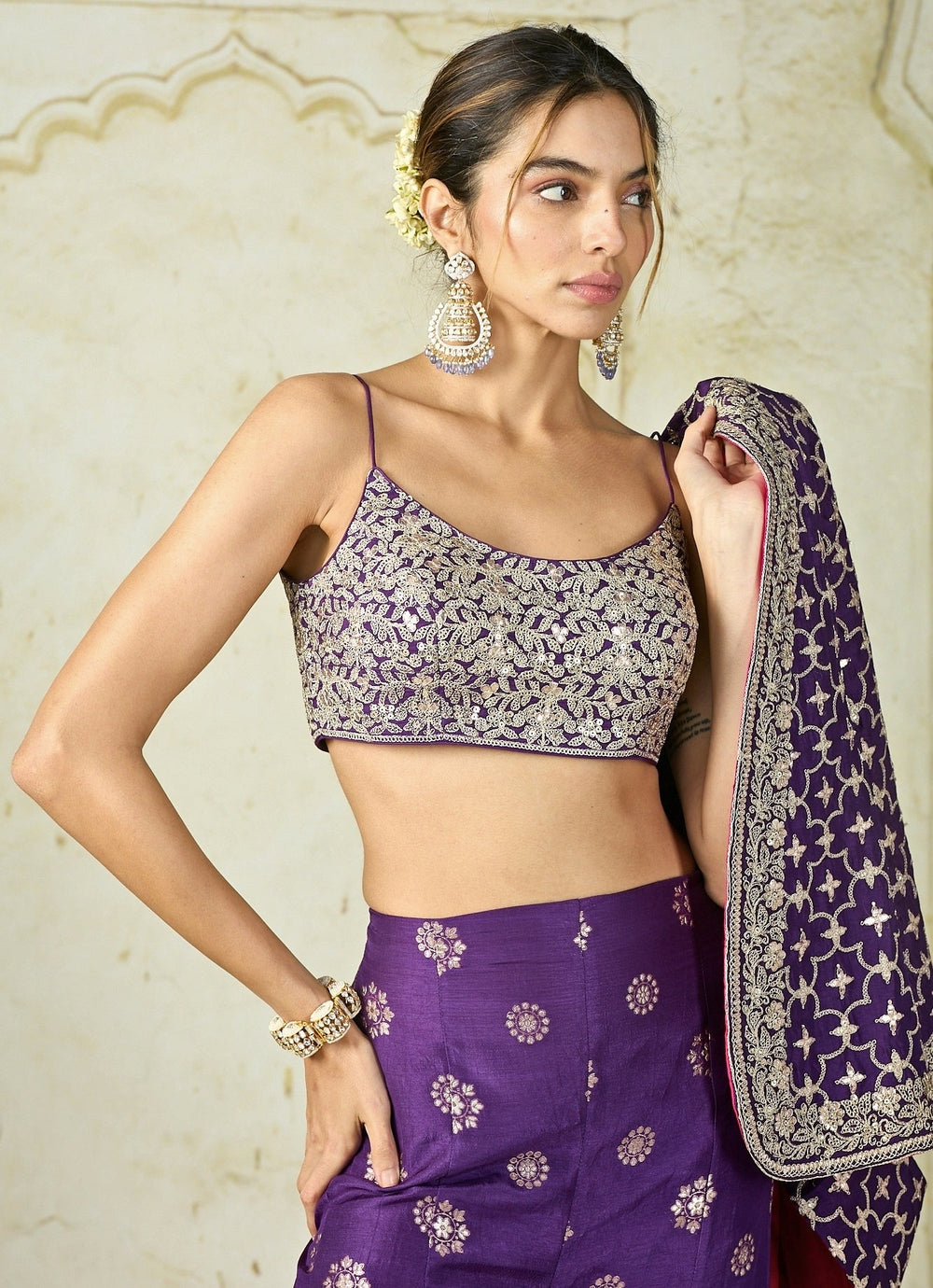 Gopi Vaid Purple Tussar Blouse Sharara Set With JacketFabilicious Fashion